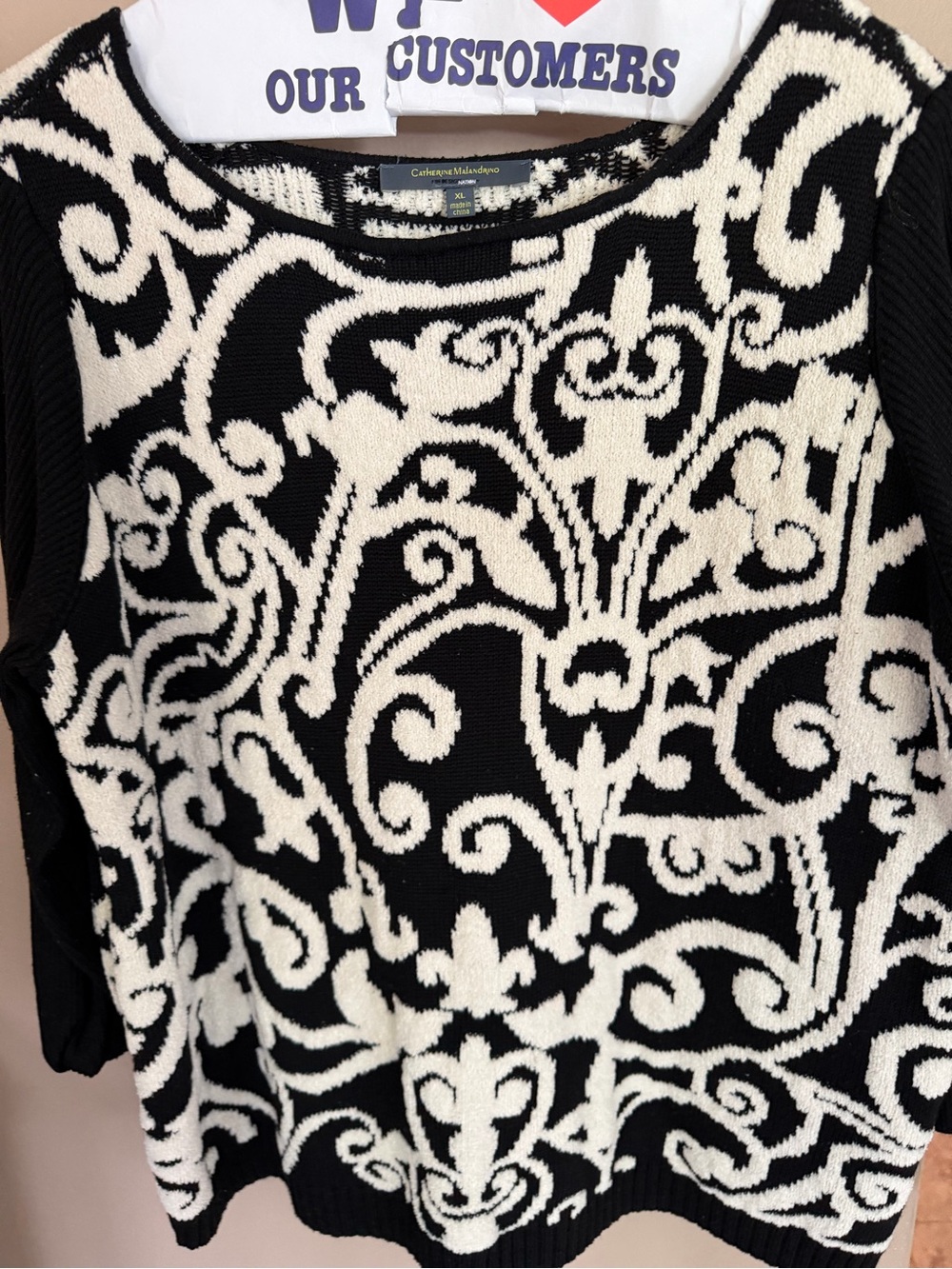 Catherine Malandrino Black and Cream Ornate Knit Sweater